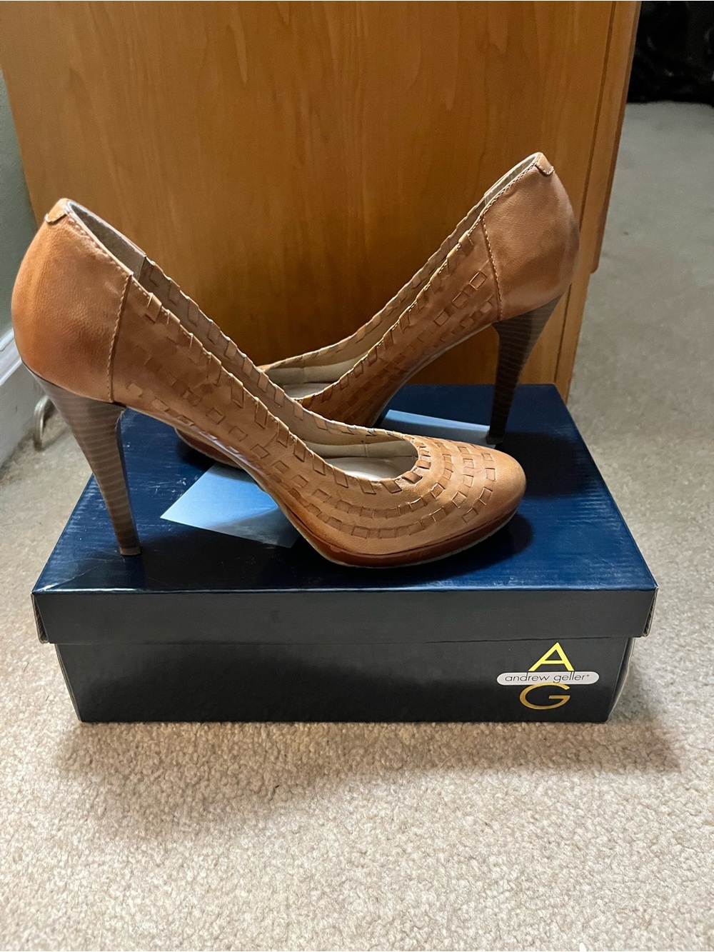 Andrew Geller Tan Woven Leather High Heels